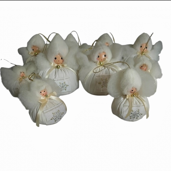 Vintage White Handmade Snow Angel Christmas Ornaments Set of 10 - Picture 1 of 12